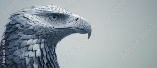 hyper realistic high tech eagle, metallic feathers with micro circuitry patterns, sharp intelligent gaze, clean light grey background, futuristic