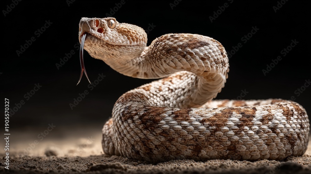 Obraz premium Rattlesnake coiled with tongue flicking, and warning against dark background.