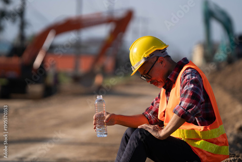 Tired engineer sitting on ground at construction site, feeling hot and thirsty.