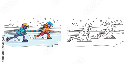 Cartoon vector illustration of children speed skating on ice track. Coloring book page showing colored and outline versions of kids racing in winter.