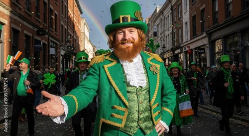 A man dressed in a green suit and hat participates in a St. Patrick's Day parade with a crowd of people in the background.