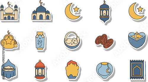 Ramadan icon grid illustration, mosque crescent moon star, lantern prayer rug artwork, fasting dates vector, eid festival design, islamic culture graphic