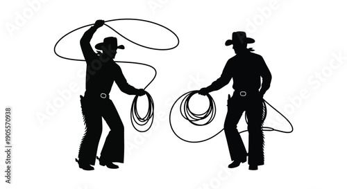 Two cowboys with lassos one actively roping and another holding coils presented as a striking silhouette high quality professional detailed modern elegant