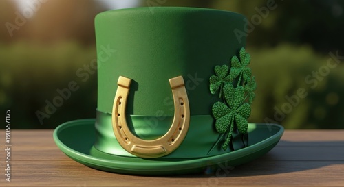 A green top hat adorned with a golden horseshoe and shamrocks sits on a wooden table outdoors on a sunny day.