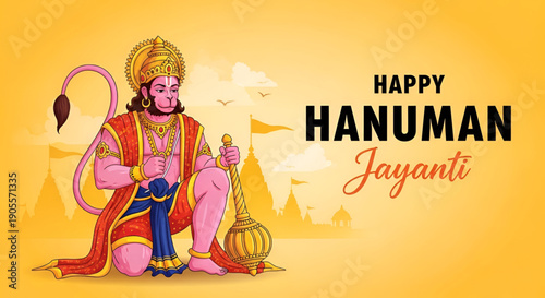 Festive illustration of Lord Hanuman kneeling with golden mace during Hanuman Jayanti celebration for spiritual greeting design religious poster and worship background