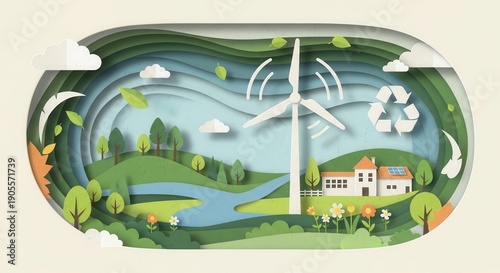 Paper cut layered green landscape scene with houses, river, trees, and a spinning wind turbine. Concept of environmental sustainability, renewable energy, and eco-friendly living.