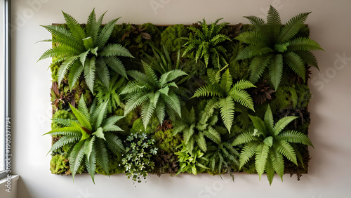 Vertical garden with lush ferns and moss on a minimalist wall