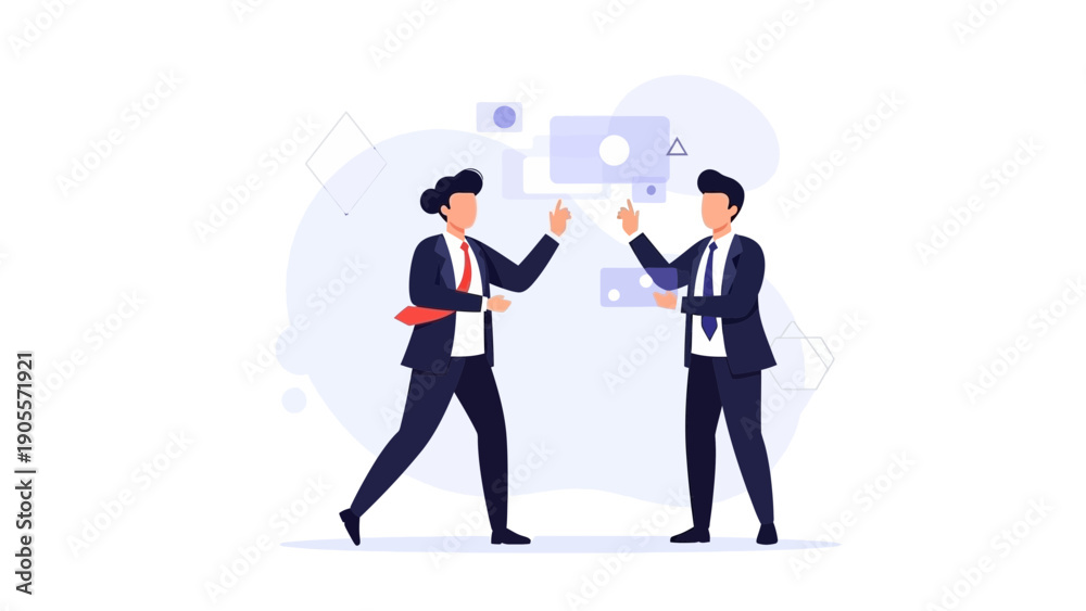 Obraz premium Businessmen discussing, animated flat design, teamwork, ideas sharing, communication concept