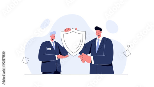 Businessmen holding a shield, symbolizing protection, security, and trust in partnership.