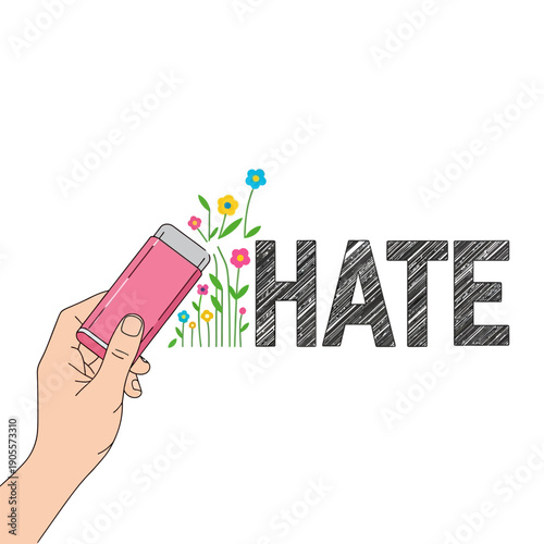 Hand erasing word HATE with eraser symbolizing spreading love and flowers