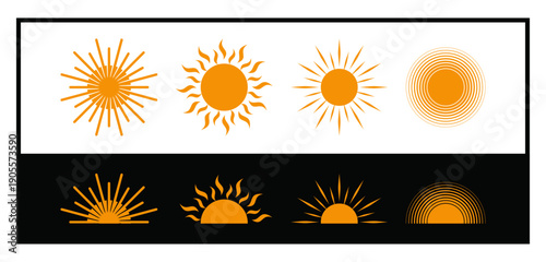 Vector illustration collection of solar symbols – set of sun icon set in vector format. 