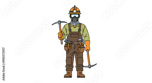 Cartoon Miner with Pickaxe and Safety Gear.