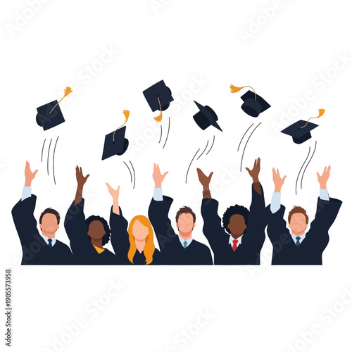 Graduation day diverse students in caps and gowns tossing graduation caps in celebration