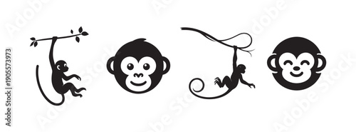 Cute monkey illustrations: swinging on a branch, playful faces, jungle fun, vector icons