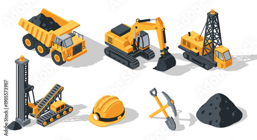 Collection of Yellow Construction Vehicles and Tools.