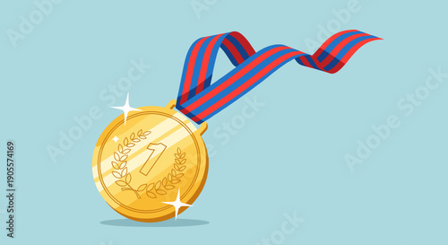 Gold Medal with Red and Blue Ribbon.