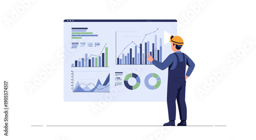 Man in hardhat analyzing business charts.