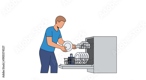 Man Loading Dishwasher with Clean Dishes.