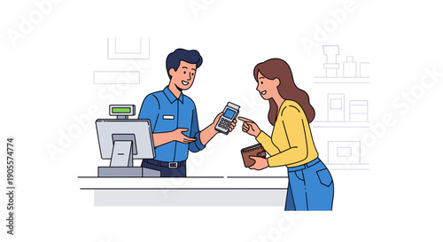 Woman Making Contactless Payment at Store Counter.