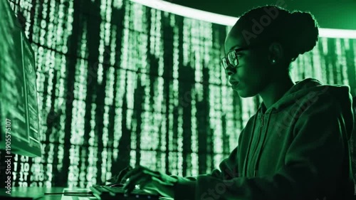 A developer wearing a hoodie in a dark room with a 
