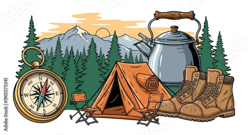 Camping Adventure Gear with Compass, Tent, Boots, and Kettle at Sunset