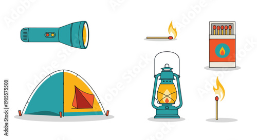 Camping Gear Icons: Tent, Flashlight, Lantern, Matches, Fire