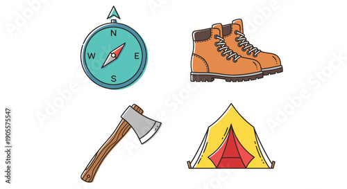 Camping Gear Icons: Compass, Boots, Axe, and Tent
