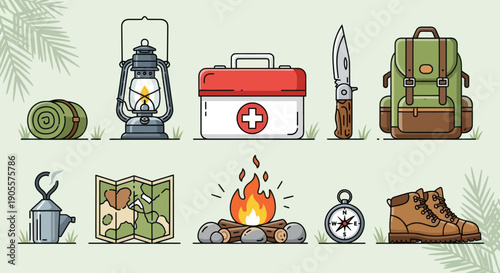 Camping Gear Flat Icons: Backpack, Lantern, First Aid Kit, Knife, Boots