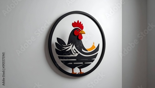 Stylized black chicken emblem in a circular black frame mounted on a white wall