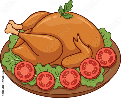 Whole roasted turkey on a wooden platter with fresh lettuce leaves and tomato slices for Thanksgiving dinner and holiday celebration meals.