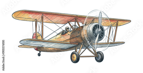 Vintage Biplane Flying with Pilot in Cockpit Old-Fashioned Airplane Illustration Classic Aircraft Design