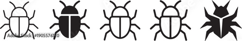 A collection of five black and white beetle icons showing different styles and levels of detail.