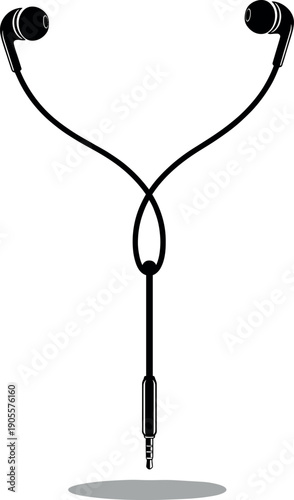 Black and white silhouette of wired in-ear headphones with a jack connector for music audio and personal listening technology designs.