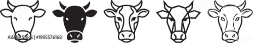 Five minimalist black and white illustrations of cow heads in a horizontal line, showcasing various design styles.