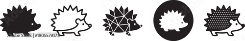 A collection of five different black and white hedgehog icons in various artistic styles and poses lined up horizontally