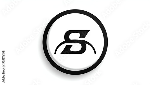 Stylized letter 'S' in black, encircled. Two curved lines accent the character within a white disk, black ring outline