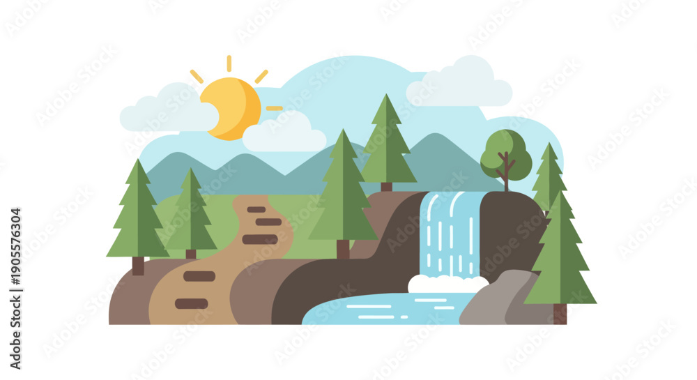 Obraz premium Vibrant Flat Design Landscape with Waterfall, Trees, and Sun