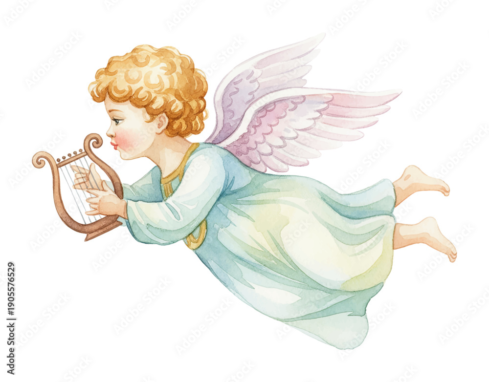 Fototapeta premium Flying Angel Child with Golden Curly Hair Playing Harp in a Serene and Peaceful Watercolor Painting