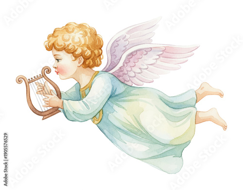 Flying Angel Child with Golden Curly Hair Playing Harp in a Serene and Peaceful Watercolor Painting