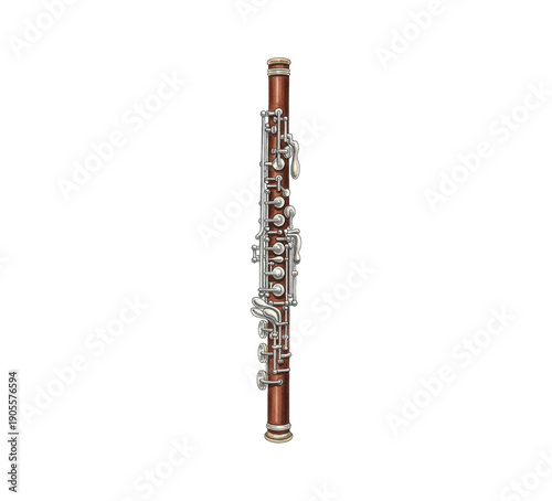 Detailed Oboe Woodwind Musical Instrument with Silver Keys and Wooden Body on a Black Background Vector
