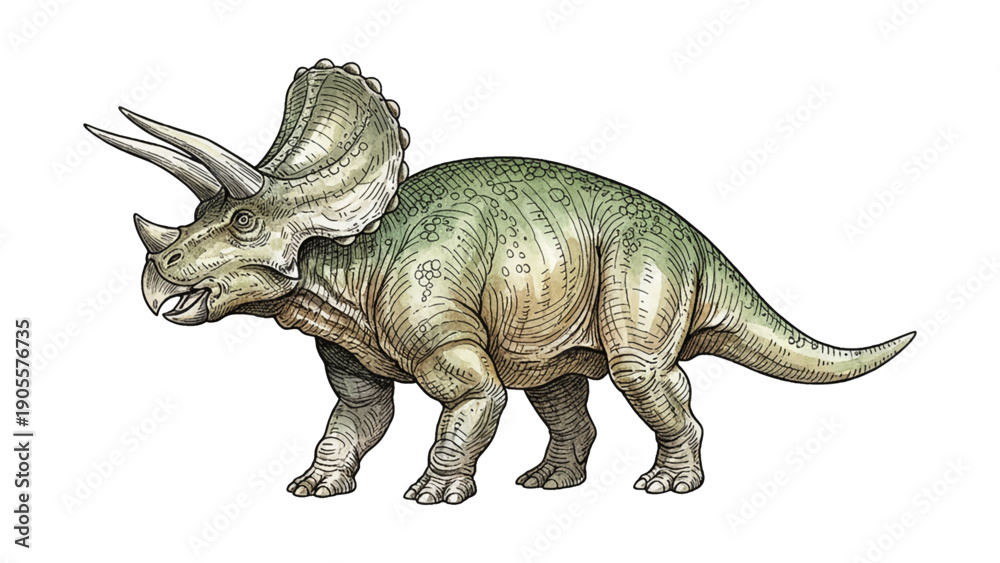 Fototapeta premium Powerful Triceratops dinosaur standing with detailed skin texture horns and frill viewed from the side in a realistic illustration style