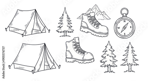 Hand-drawn Camping Icons: Tent, Boots, Trees, Compass, Mountain