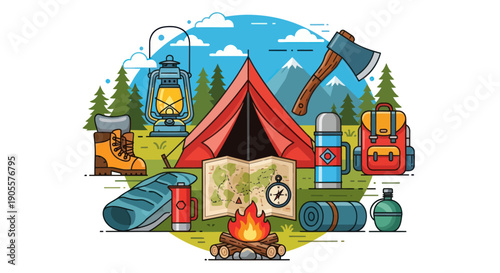 Camping Gear Flat Design Illustration: Tent, Backpack, Axe, Map, Lantern, Fire