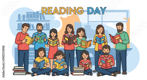 Diverse Group Reading Books Celebrating Reading Day