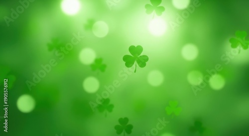 A vibrant green background with floating four-leaf clovers and bright lights