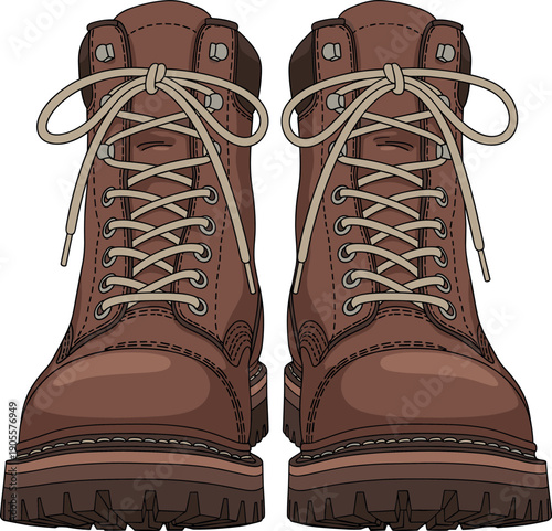 Pair of brown leather work boots with tan laces and heavy duty soles for construction safety outdoor hiking and industrial footwear designs.