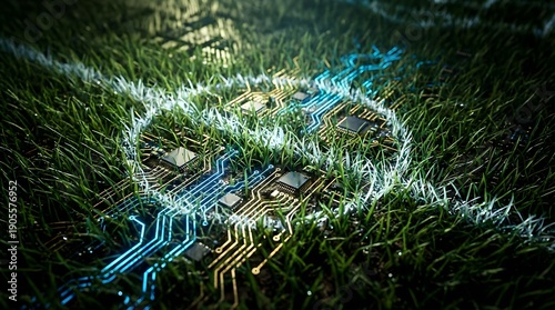 Conceptual macro photography of football turf blades integrated with glowing electronic circuit board traces