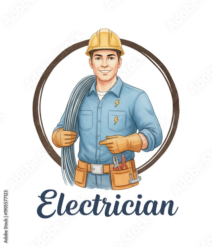 A smiling Caucasian male electrician wearing a hard hat and tool belt holding wires and pointing cheerfully