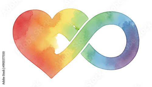 Rainbow watercolor heart and infinity symbol representing love neurodiversity and inclusion
