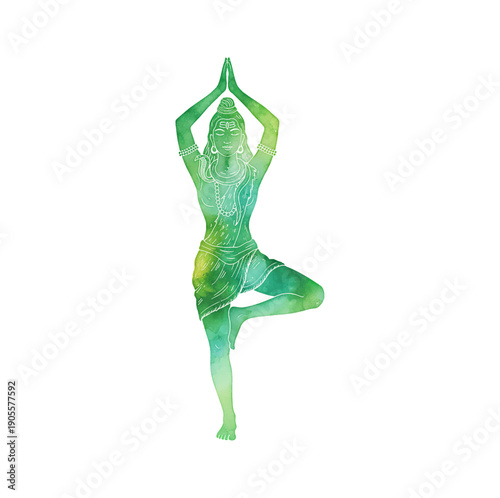 Hindu deity Shiva meditating in peaceful tree yoga pose with green watercolor texture and white outlines